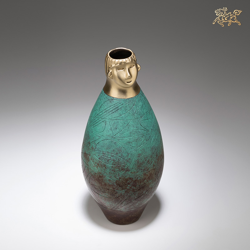 铜师傅全铜摆件人头形器口彩陶瓶工艺品