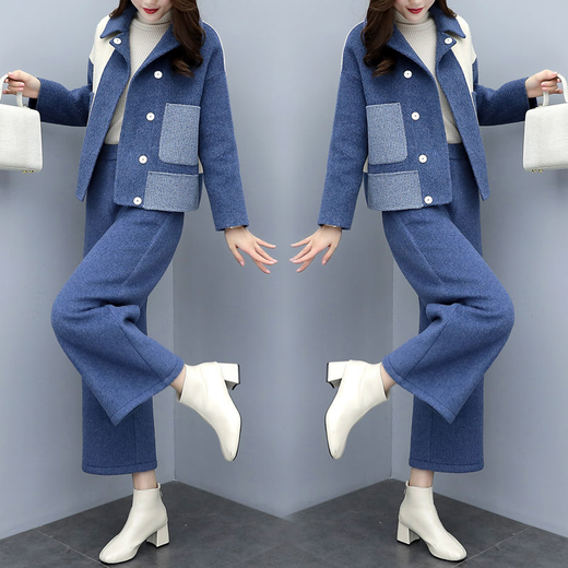 zll2020新款女装韩版两件套拼接毛呢外套阔腿裤休闲时尚套装女潮klj*