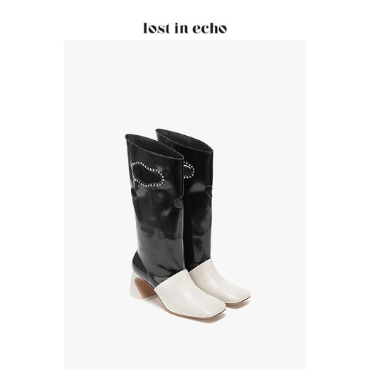 lost in echo设计师品牌钻饰镂空直筒方头中筒靴 商品图1
