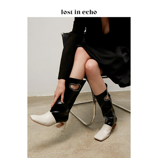 lost in echo设计师品牌钻饰镂空直筒方头中筒靴 商品图0