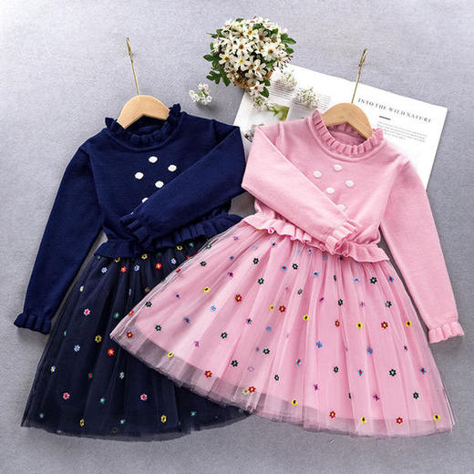 ALBL-2020新款时尚洋气圆领长袖上衣网纱印花公主裙两件套 商品图3