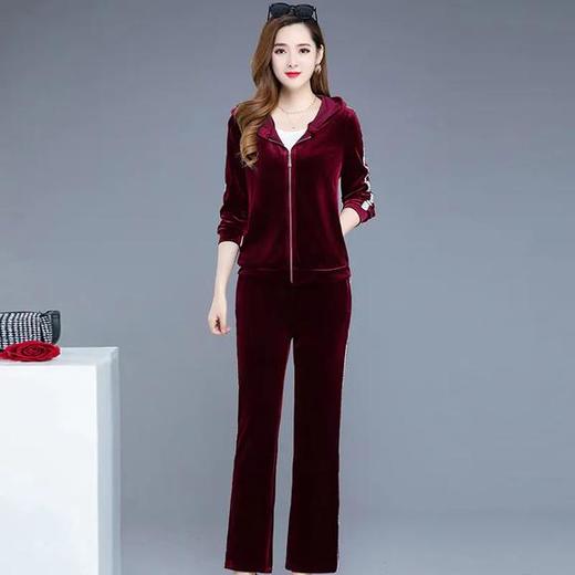 YWE-TC269新款时尚气质修身连帽长袖金丝绒外套长裤两件套 商品图0