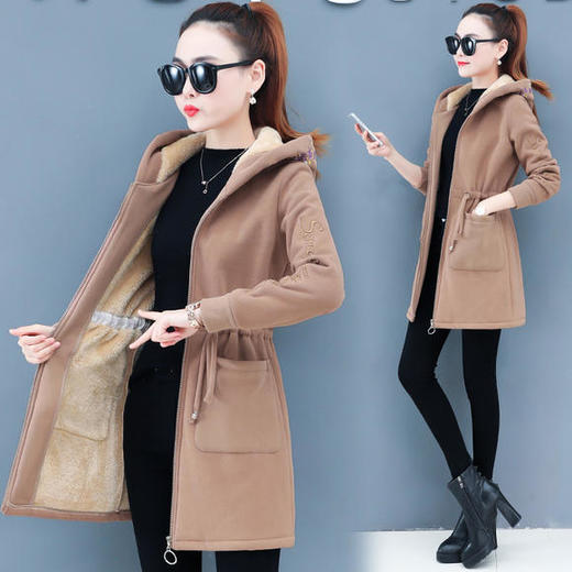 中长款加绒开衫羊羔毛外套女秋冬季加厚新款收腰显瘦连帽上衣 HT-YXL939 商品图0