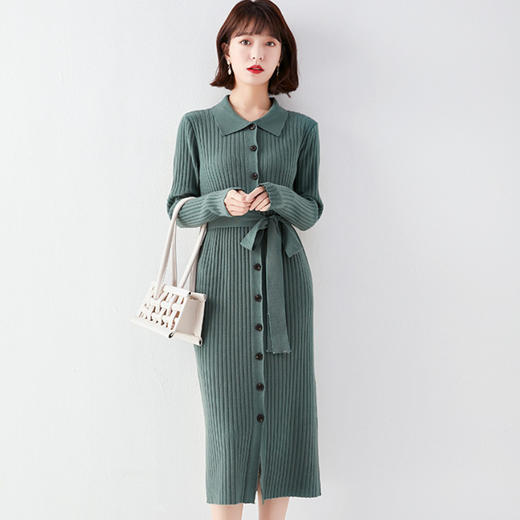 MD-68830024复古翻领针织连衣裙2020秋冬新款女装中长款系带毛衣裙子 商品图1