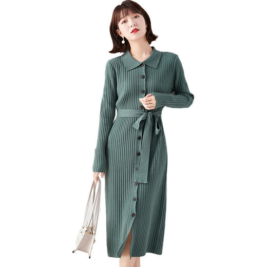 MD-68830024复古翻领针织连衣裙2020秋冬新款女装中长款系带毛衣裙子 商品图4