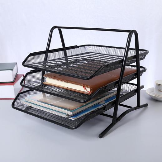 金属铁网三层文件盘文件座抽式资料架多层桌面整理架收纳盒桌上铁质托盘文件栏框资料文档置物架子黑色 商品图3