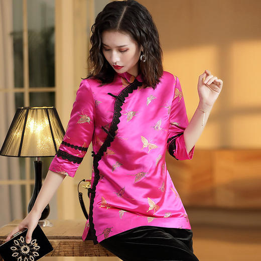 上海旗袍厂AYK-QF-191027锦缎刺绣唐装上衣女时尚改良中袖唐装女秋季新款中国风女装 商品图2
