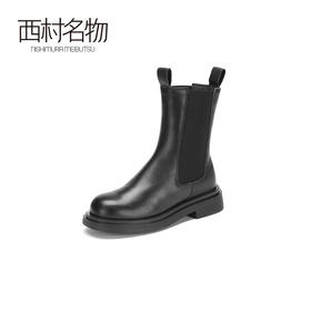 西村名物2020冬季新款烟囱靴纯色飞织牛皮革烟管靴T20DC42501