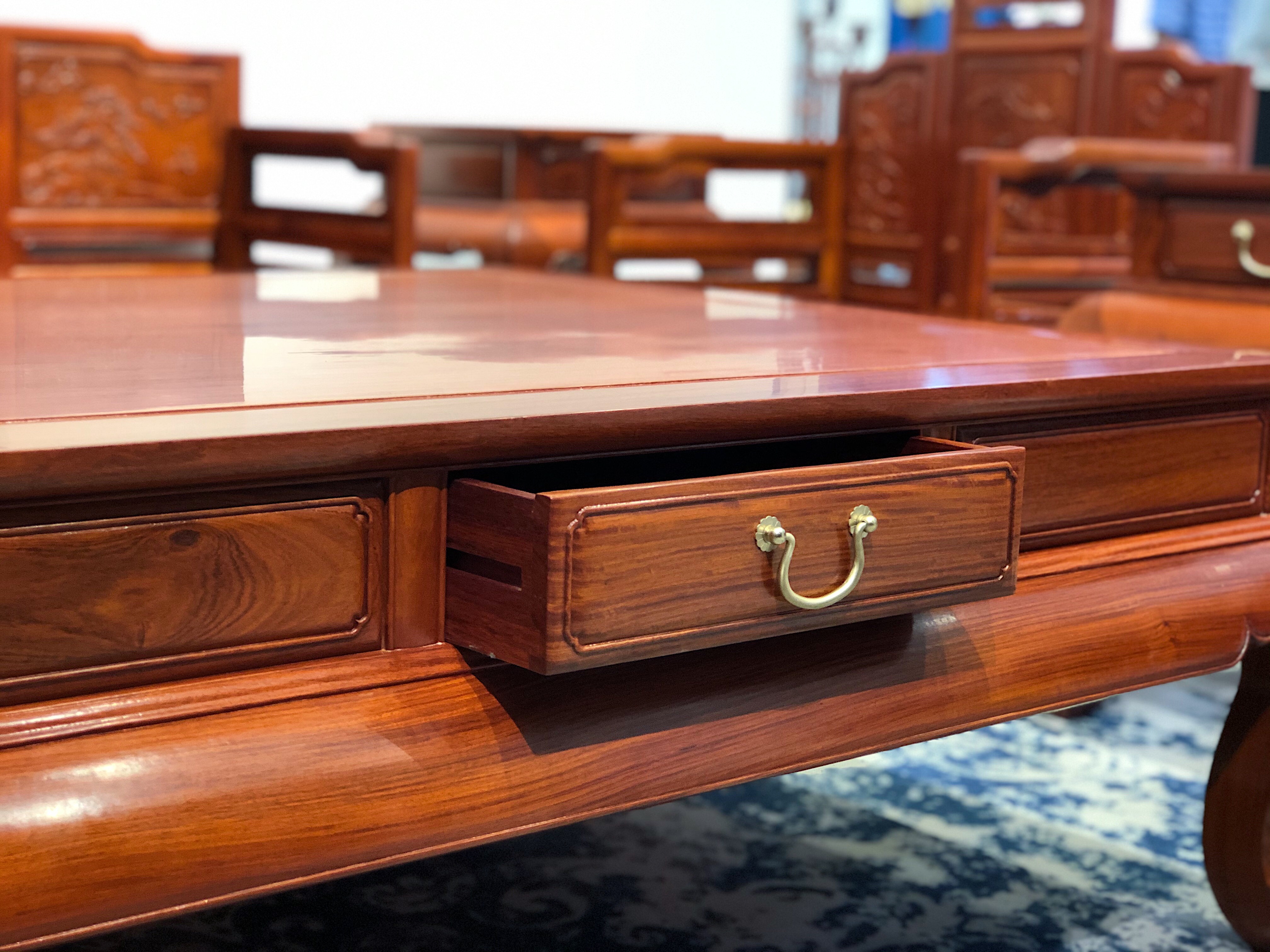 红桥红家具严选缅甸花梨大果紫檀直背带雕花卷书沙发十二件套