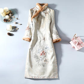 ZSM-191031浓密兔毛加绒加厚保暖中长款改良旗袍连衣裙