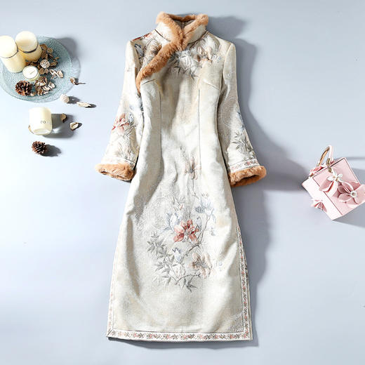 ZSM-191031浓密兔毛加绒加厚保暖中长款改良旗袍连衣裙 商品图0
