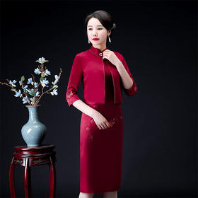 QQ-9780秋冬新两件套旗袍梅花刺绣女装套装喜宴中式礼服