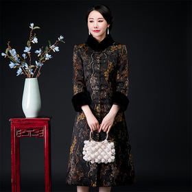 QQ-9803冬季新款妈妈时装祺袍日常改良夹棉长袖旗袍桑蚕丝开襟加厚外套