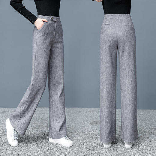 YS-人字纹毛呢阔腿裤女2020秋冬新款坠感女裤高腰垂感直筒宽松长裤 商品图2