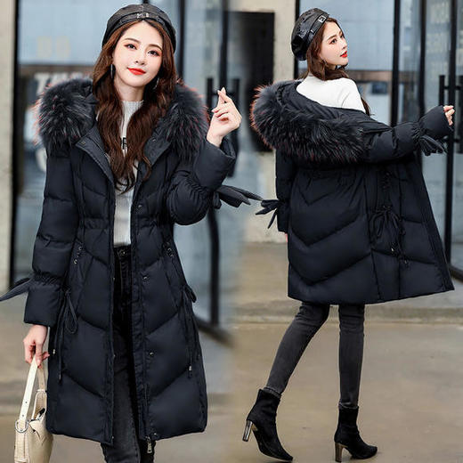 WZNH-YQH6002中长款修身加厚拉链连帽纯色气质大毛领棉衣 商品图1