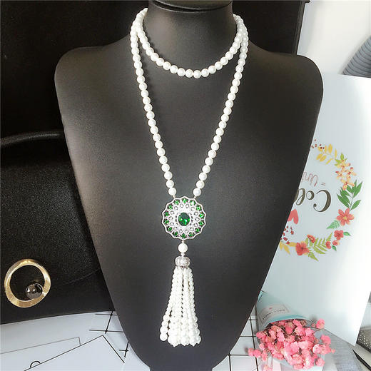 上海旗袍厂NM-MYL-2018111302欧美款天然贝壳珍珠项链长款女士珍珠毛衣链毛衣挂件微镶锆石吊坠 商品图6