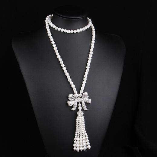 上海旗袍厂NM-MYL-201810263秋冬时尚经典天然贝壳珍珠项链女锆石吊坠毛衣链长款项饰颈链 商品图1