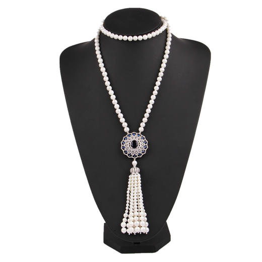 上海旗袍厂NM-MYL-201810263秋冬时尚经典天然贝壳珍珠项链女锆石吊坠毛衣链长款项饰颈链 商品图4