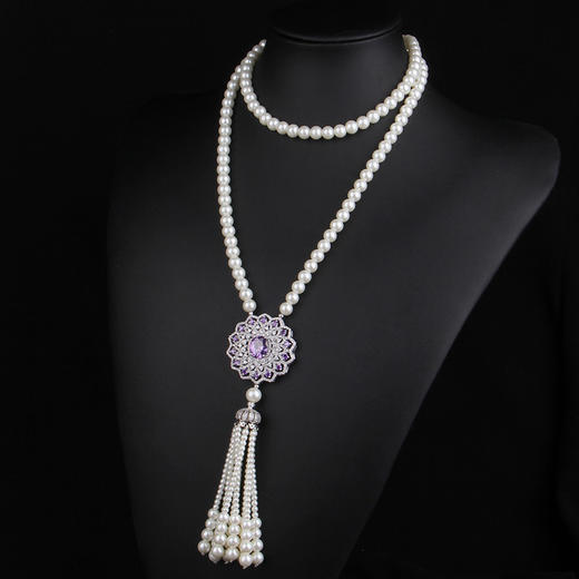 上海旗袍厂NM-MYL-2018111302欧美款天然贝壳珍珠项链长款女士珍珠毛衣链毛衣挂件微镶锆石吊坠 商品图1
