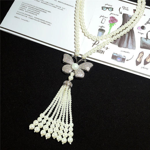 上海旗袍厂NM-MYL-201810263秋冬时尚经典天然贝壳珍珠项链女锆石吊坠毛衣链长款项饰颈链 商品图10