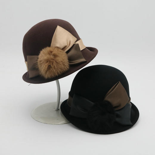 BL-秋冬季羊毛呢女士气质渔夫帽蝴蝶结毛球遮阳帽宴会帽子 商品图0