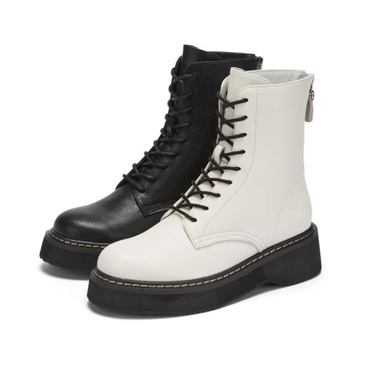 西村名物2020冬季新款马丁靴女平底牛皮革朋克风厚底短靴T20DS40341 商品图0