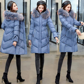 WZNH-YQH6002中长款修身加厚拉链连帽纯色气质大毛领棉衣