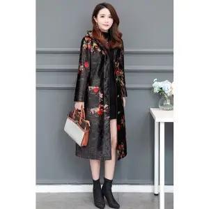JXG-冬季中长款丝绒棉服风衣外套女民族风印花过膝大衣加绒加厚棉衣潮 商品图0