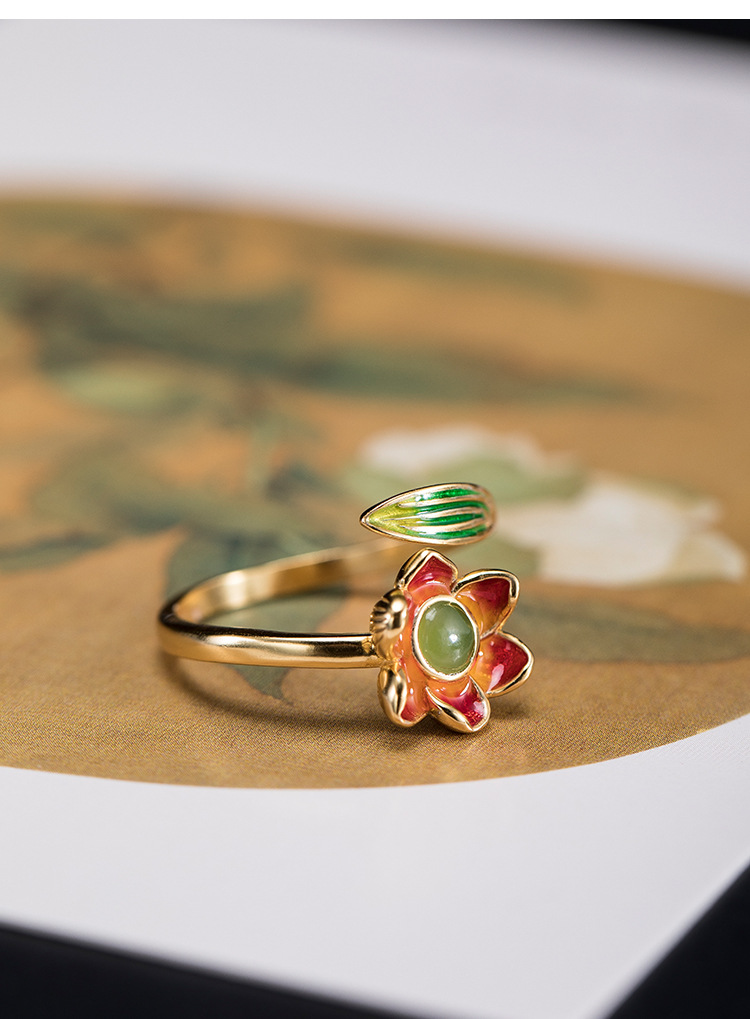 xyf-jz12448-t新款925银个性碧玉莲花开口戒指