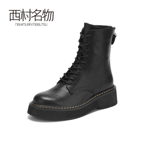 西村名物2020冬季新款马丁靴女平底牛皮革朋克风厚底短靴T20DS40341 商品图3