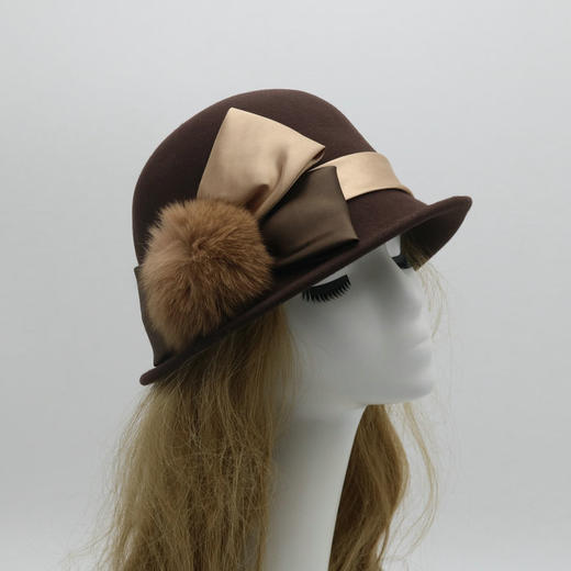 BL-秋冬季羊毛呢女士气质渔夫帽蝴蝶结毛球遮阳帽宴会帽子 商品图4