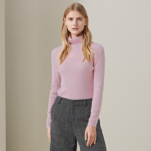 羊绒世家2020年早春新品女士高领100%山羊绒衫时尚抽条修身毛衣 商品图2