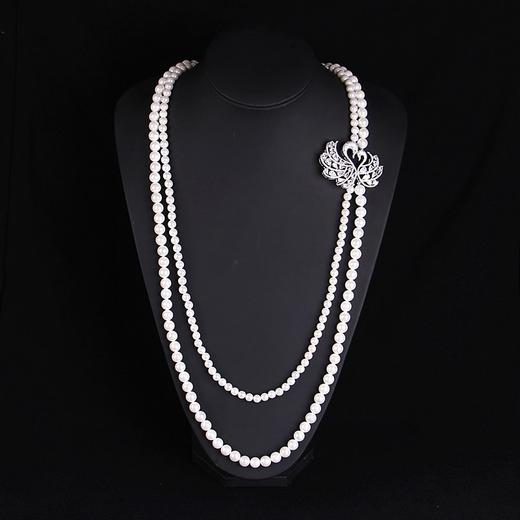 上海旗袍厂NM-MYL-2020122天然贝壳珍珠贝珠气质优雅女双层贝珠项链微镶天鹅毛衣链 商品图0
