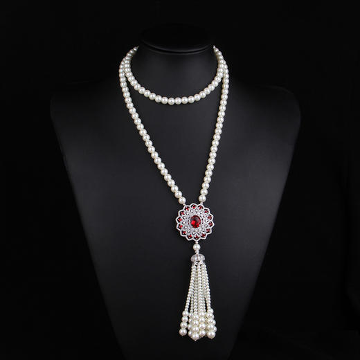上海旗袍厂NM-MYL-2018111302欧美款天然贝壳珍珠项链长款女士珍珠毛衣链毛衣挂件微镶锆石吊坠 商品图0