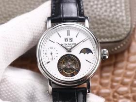 AX百达fei丽大日历GMT陀飞轮腕表，直径42mm，厚度12.5mm，男士腕表，皮表带，手动陀飞轮机芯，透底