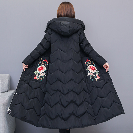 刺绣单排盘扣连帽宽松加长款羽绒服中国风民族文艺复古加厚外套 smd