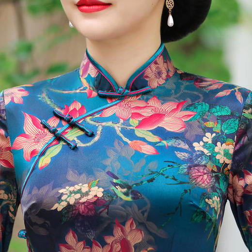 WXG-20568秋冬款真丝高档长款中袖大码桑蚕丝旗袍 商品图1