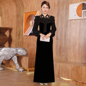 DLQ-A2647新款名媛气质修身立领长袖拼接丝绒长款礼服裙
