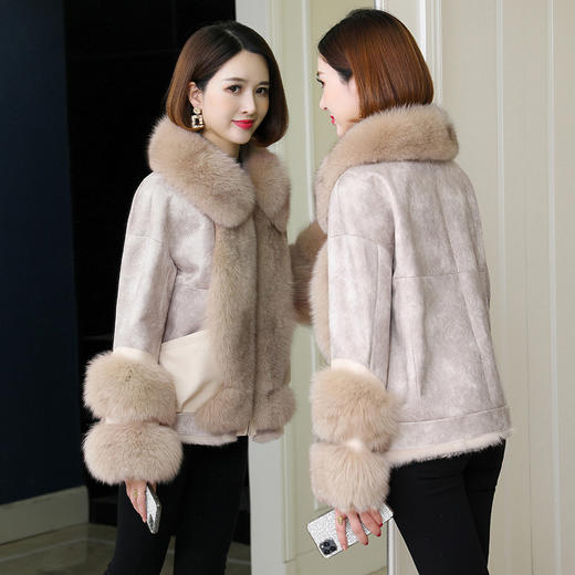 YFN-F2032冬季麂皮绒外套女韩版兔毛内胆皮草翻领狐狸毛领拼接皮草 商品图0