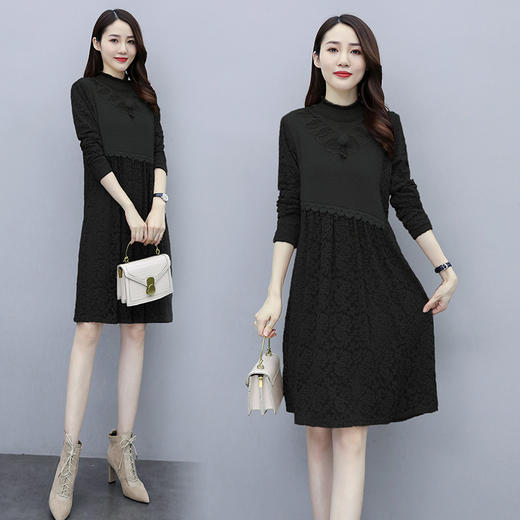 WZNH-AZRN837冬季新款仿貂绒拼蕾丝花边领烫钻加绒打底衫连衣裙 商品图1