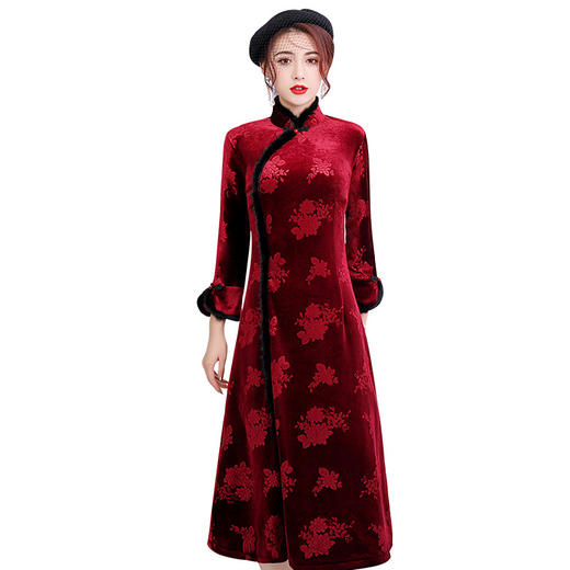 上海旗袍厂BJ-20105秋冬新款韩国绒长款妈妈装旗袍 复古日常改良旗袍连衣裙 商品图4
