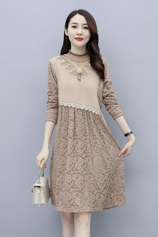 WZNH-AZRN837冬季新款仿貂绒拼蕾丝花边领烫钻加绒打底衫连衣裙 商品图5