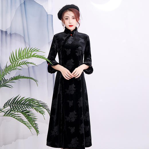 上海旗袍厂BJ-20105秋冬新款韩国绒长款妈妈装旗袍 复古日常改良旗袍连衣裙 商品图1