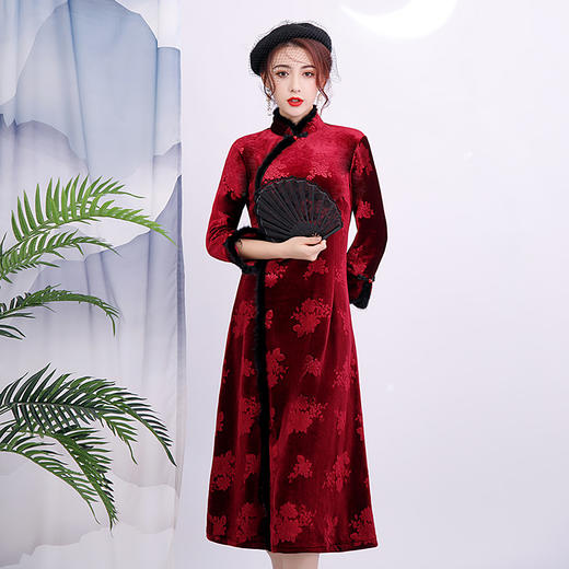 上海旗袍厂BJ-20105秋冬新款韩国绒长款妈妈装旗袍 复古日常改良旗袍连衣裙 商品图0
