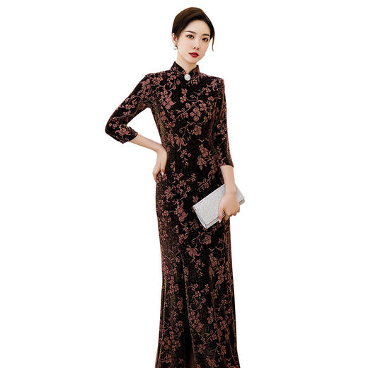 上海旗袍厂BJ-265长款旗袍秋冬新款亮丝妈妈装旗袍气质淑女复古时尚立领改良旗袍 商品图4