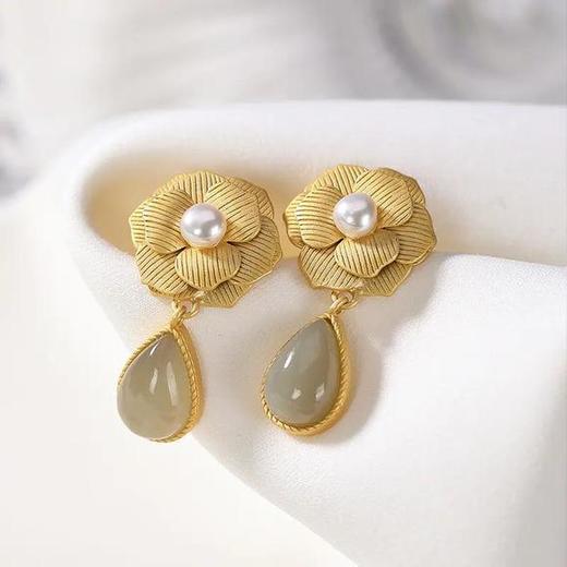 S925纯银镀金复古个性牡丹花耳坠和田玉青玉水滴形耳饰 商品图2