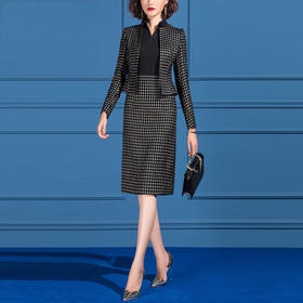 SSGS-42047时尚女神范毛呢套装裙千鸟格小西装裙子两件套