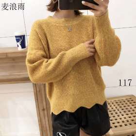 麦浪雨117款。圆领设计秋冬韩版套头花边宽松厚长袖针织衫