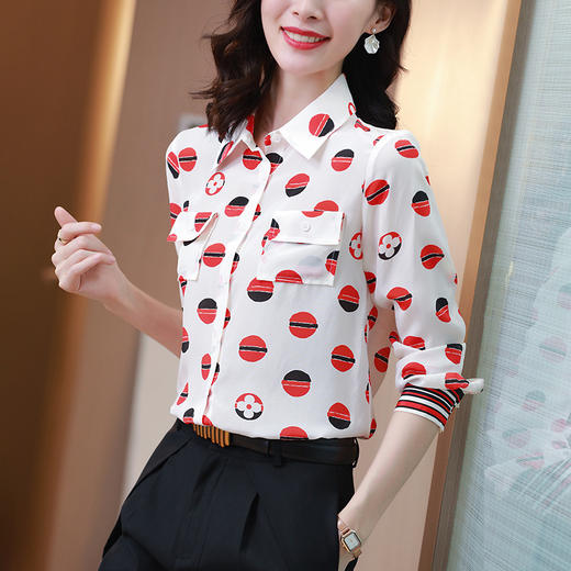 SS-09-20683卡通印花双口袋撞色时尚桑蚕丝上衣真丝衬衫 商品图3