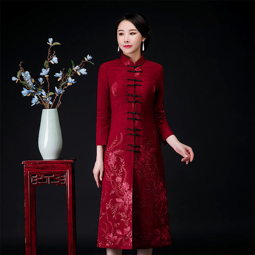 QQ-9808冬装麂皮绒毛领外套女喜婆婆夹棉加厚旗袍裙 商品图1